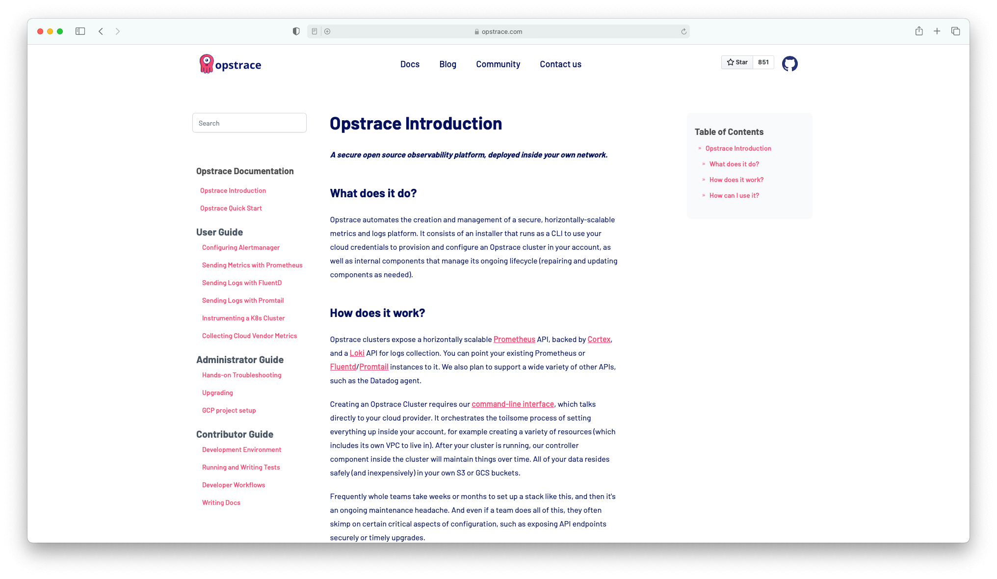 screenshot of the Opstrace documentation