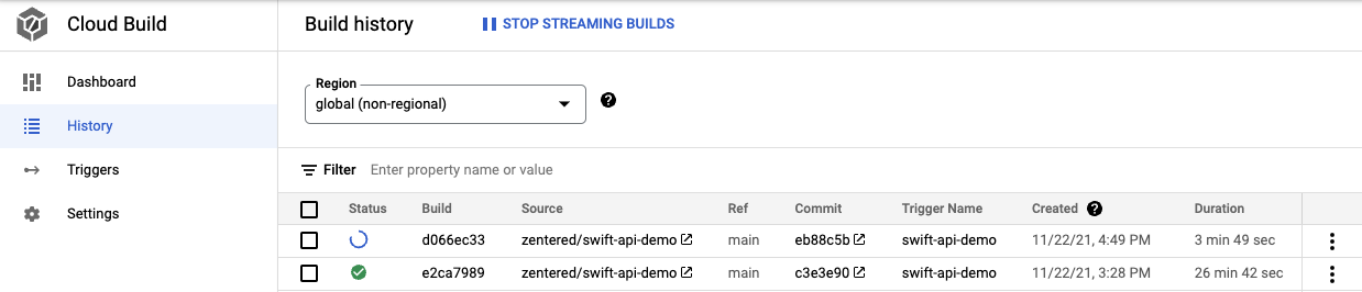 screenshot of the cloud build history