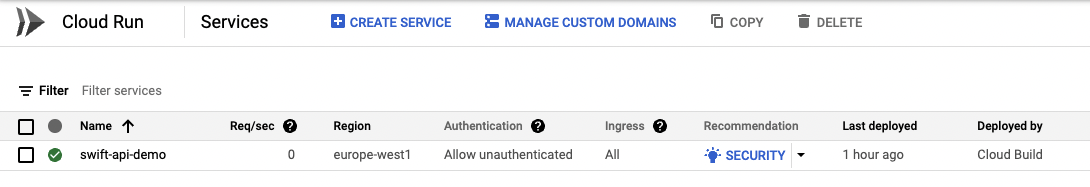 screenshot of cloud run overview page