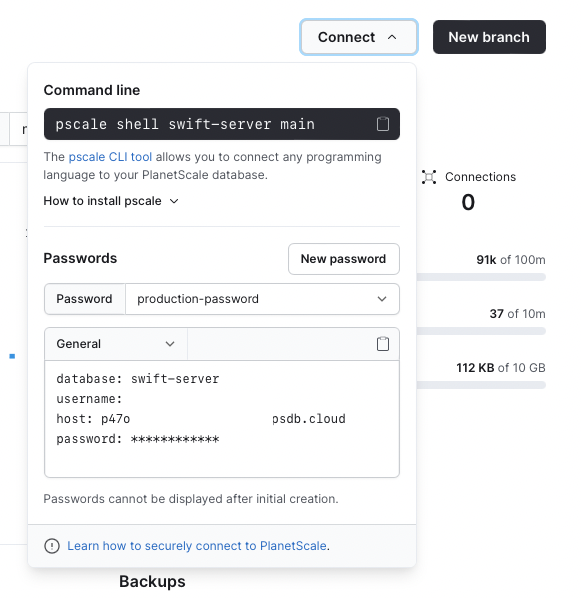planetscale connection settings