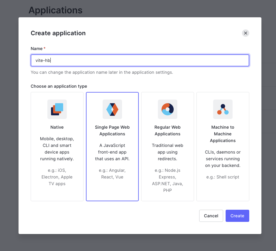 auth0 create application screen