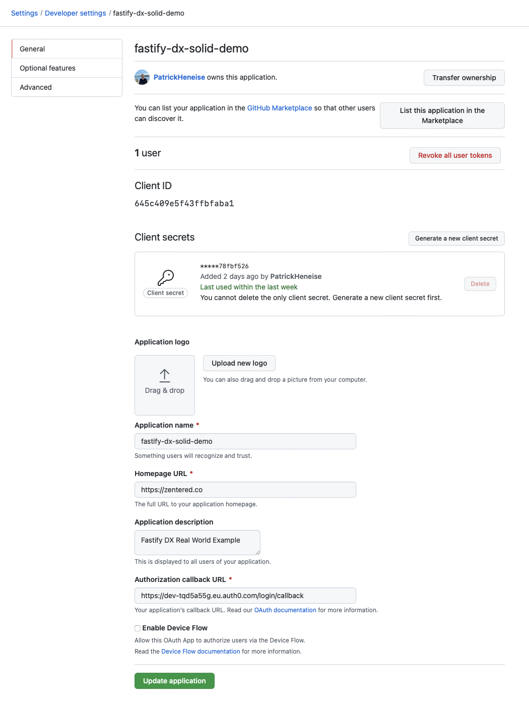 screenshot showing the github oauth app settings