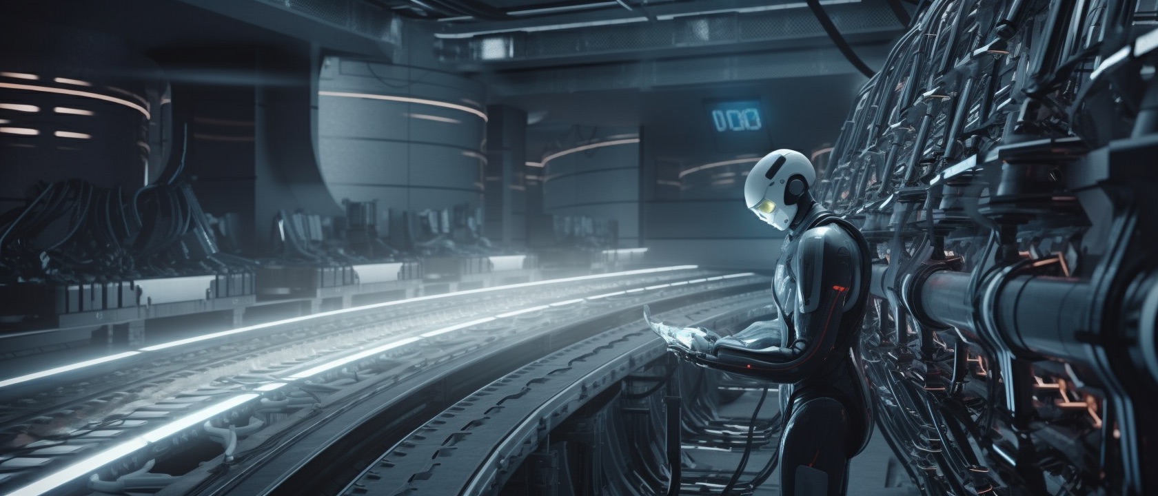 robot standing on a highspeed pipeline