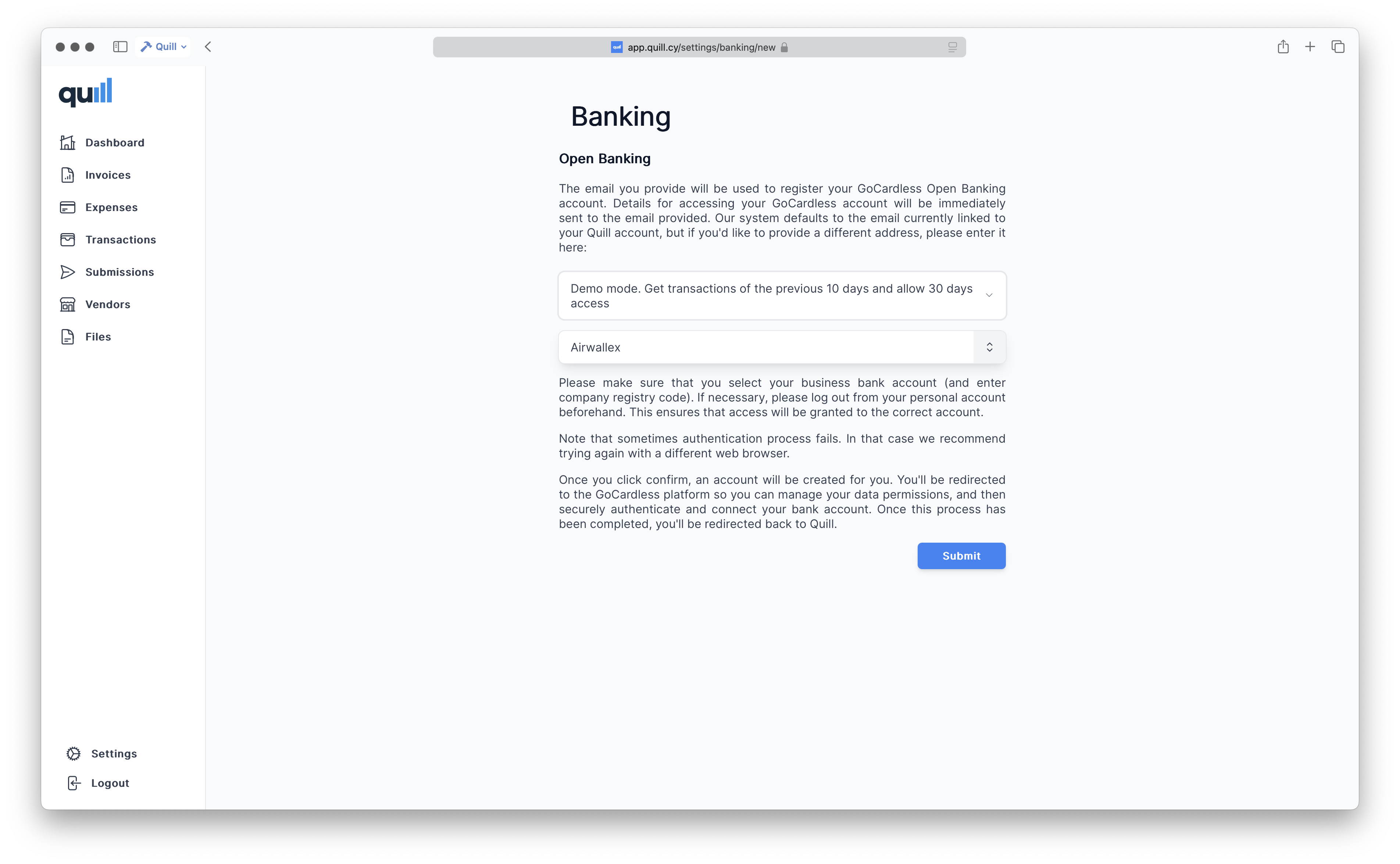 Quill Open Banking setup page showing GoCardless integration with demo mode for retrieving bank transactions, with bank selection dropdown for Airwalex