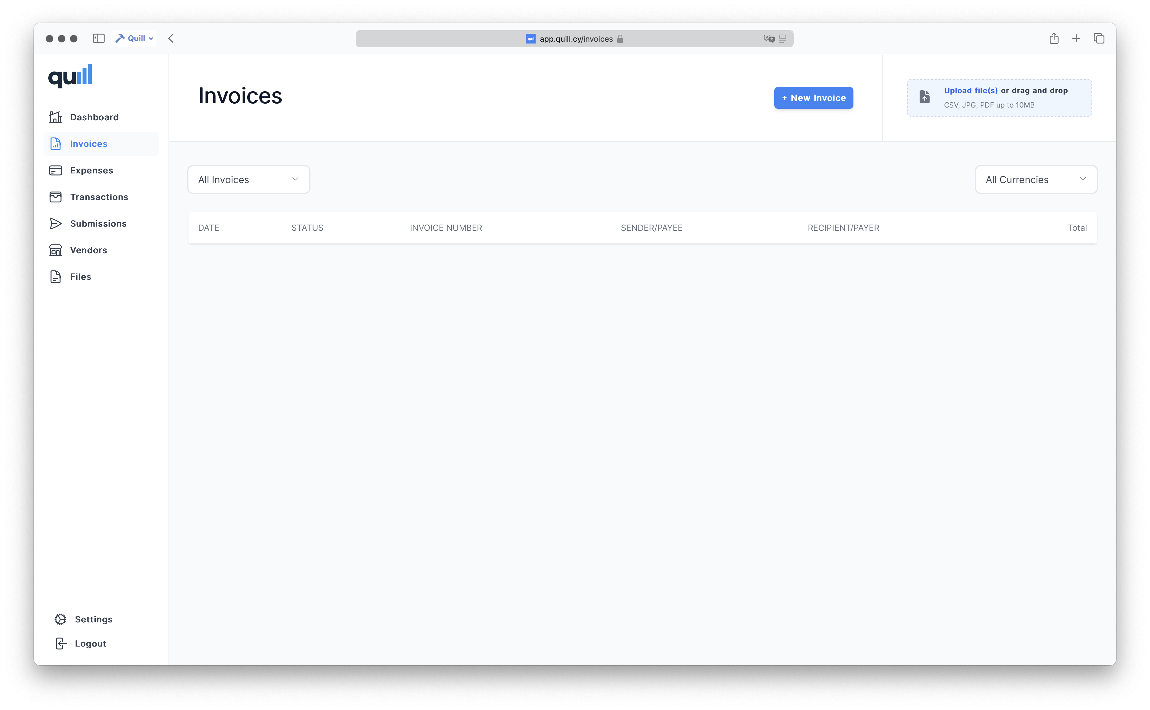 Quill expenses management page with table columns for date, status, invoice number, sender/payee, recipient/payer and total, with upload and currency filter options