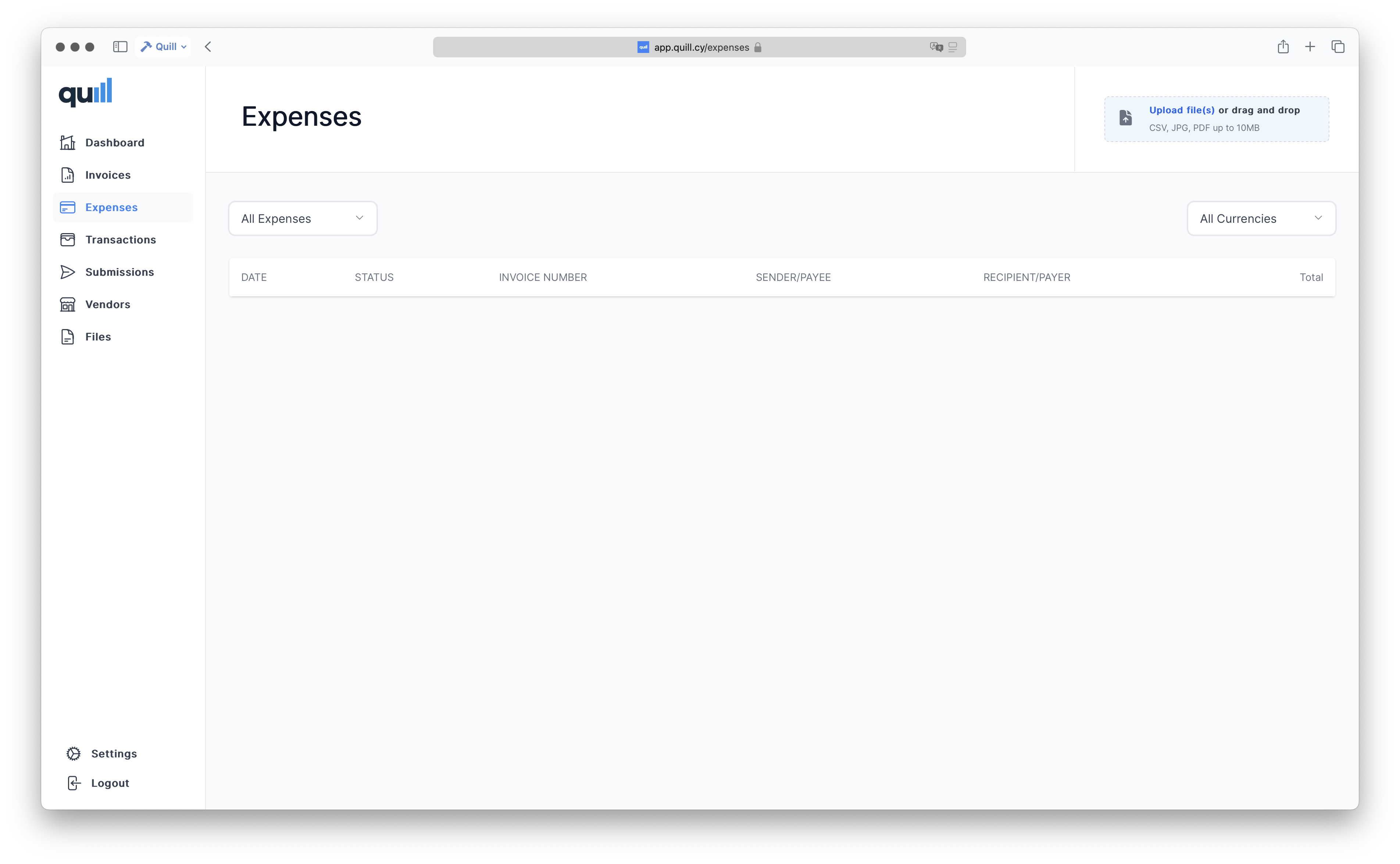 Quill file management interface showing processing and review section for uploaded documents with drag-and-drop upload supporting CSV, JPG and PDF files up to 10MB